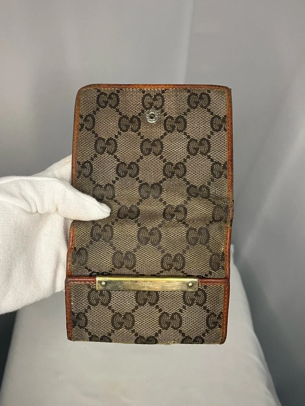 Gucci GG Canvas Bifold Wallet - Brown with Tan Trim & Gold Plate